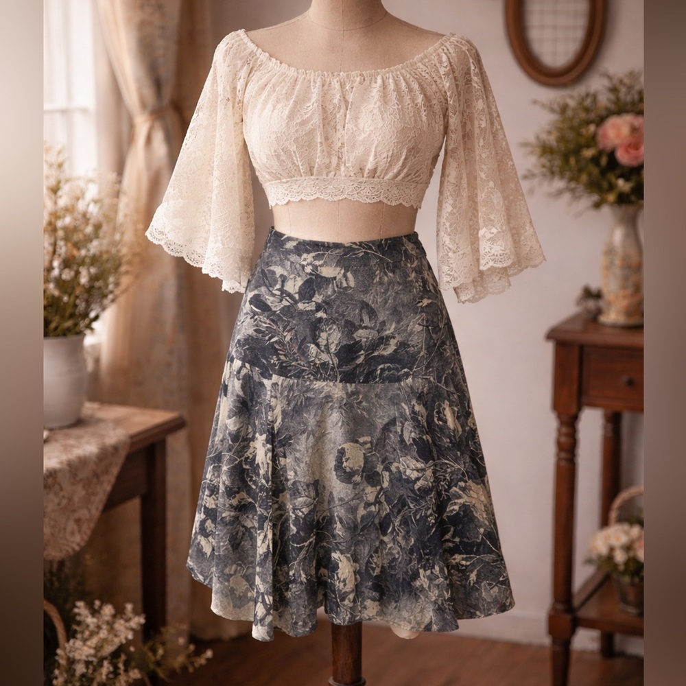 Roberto Chimenti Dezani Blue Rose print ruffle skirt